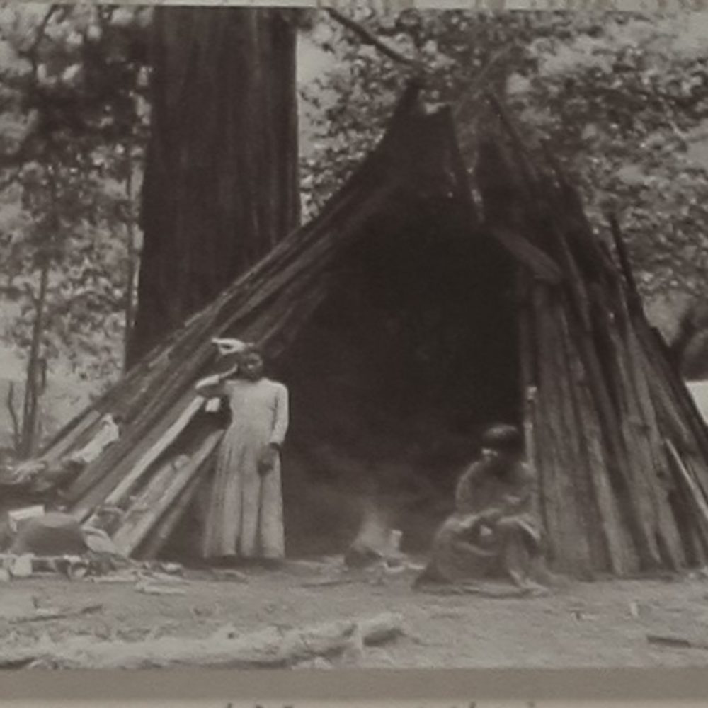 Lena Brown e Mary nella loro casa , umacha , fatta di corteccia di cedro  al Parco di Yosemite , 1887 .