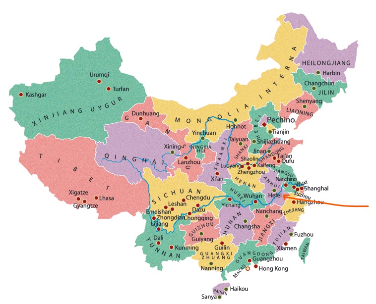 La regione dell'Anhui indicata dalla freccia