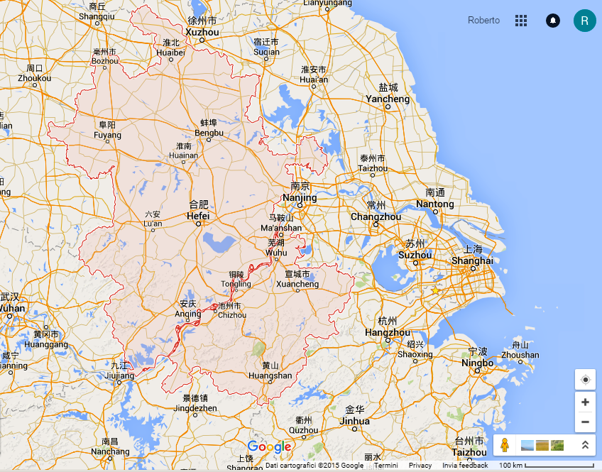 La regione di Anhui ( in rosa) con la capitale Hefei 