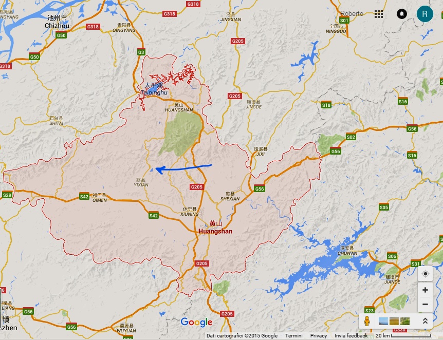 The arrow points to Hongcun village in the Huangshan district